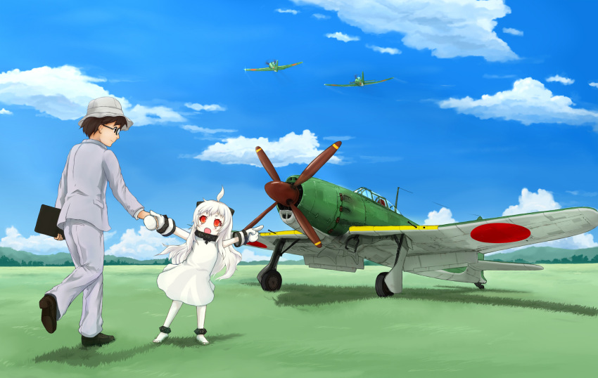 1boy, 1girl, :d, ahoge, airplane, black_eyes, black_hair, blue_sky