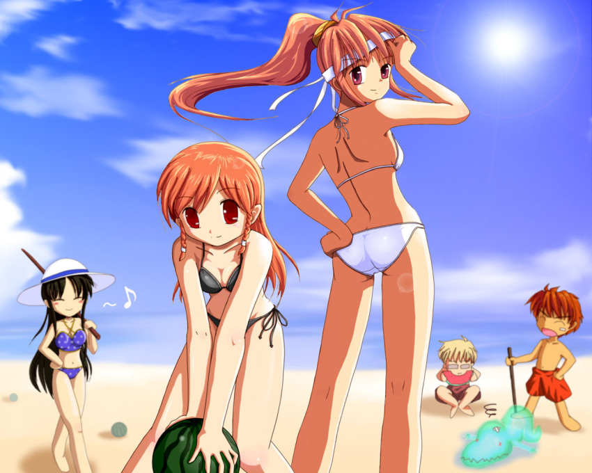 3girls, beach, bikini, closed_eyes, food, fruit, hand_on_hip, looking_back