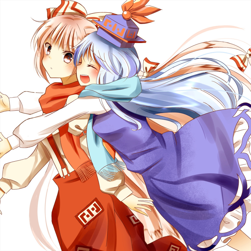2girls, blue_dress, bow, closed_eyes, commentary_request, dress, fujiwara_no_mokou, hair_bow