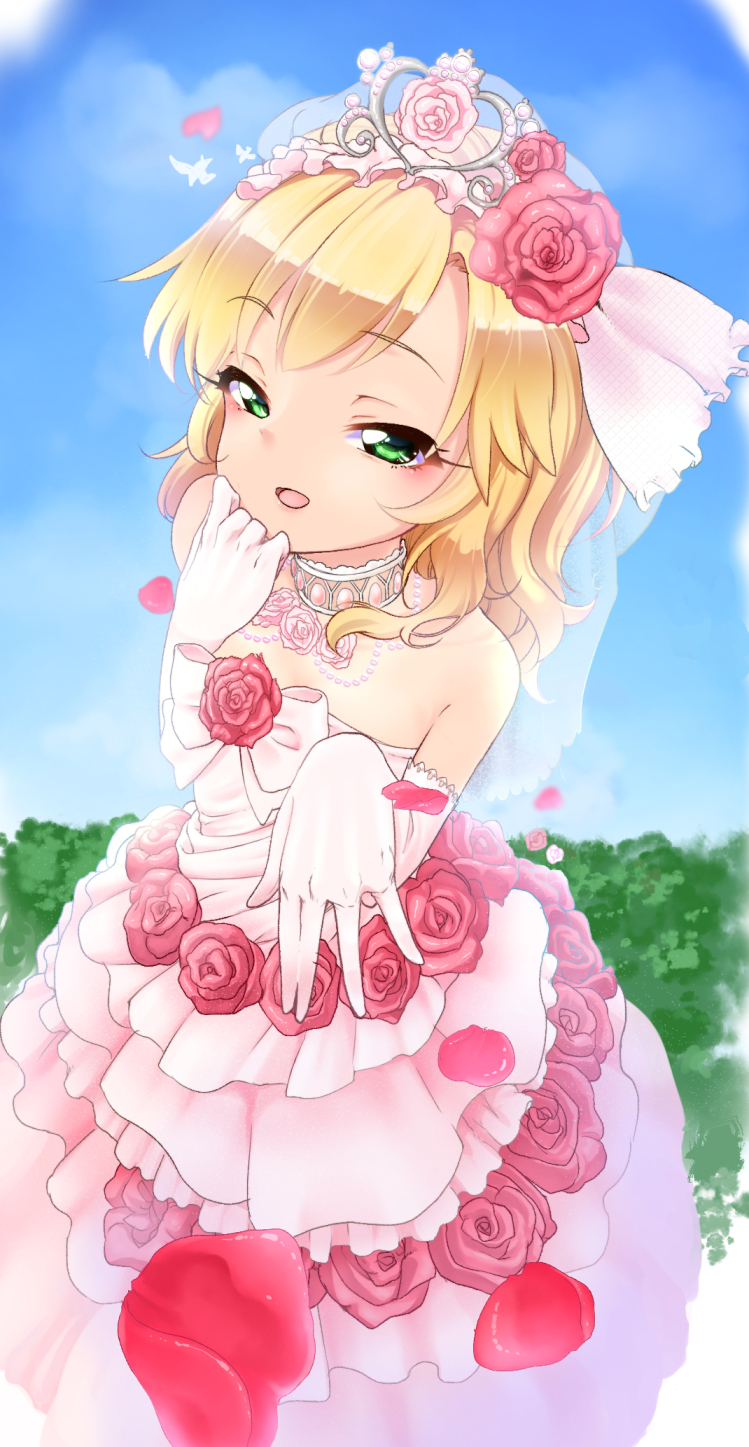 1girl, bare_shoulders, blonde_hair, blush, bridal_veil, dress, elbow_gloves, flower, gloves, green_eyes, highres, idolmaster, idolmaster_cinderella_girls, kyuu_(award), looking_at_viewer, open_mouth, petals, sakurai_momoka, short_hair, smile, solo, veil, wedding_dress