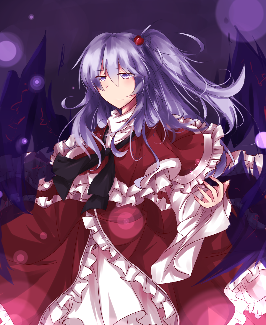 1girl, blue_eyes, dress, frilled_dress, frills, hair_bobbles, hair_ornament, jubctybn