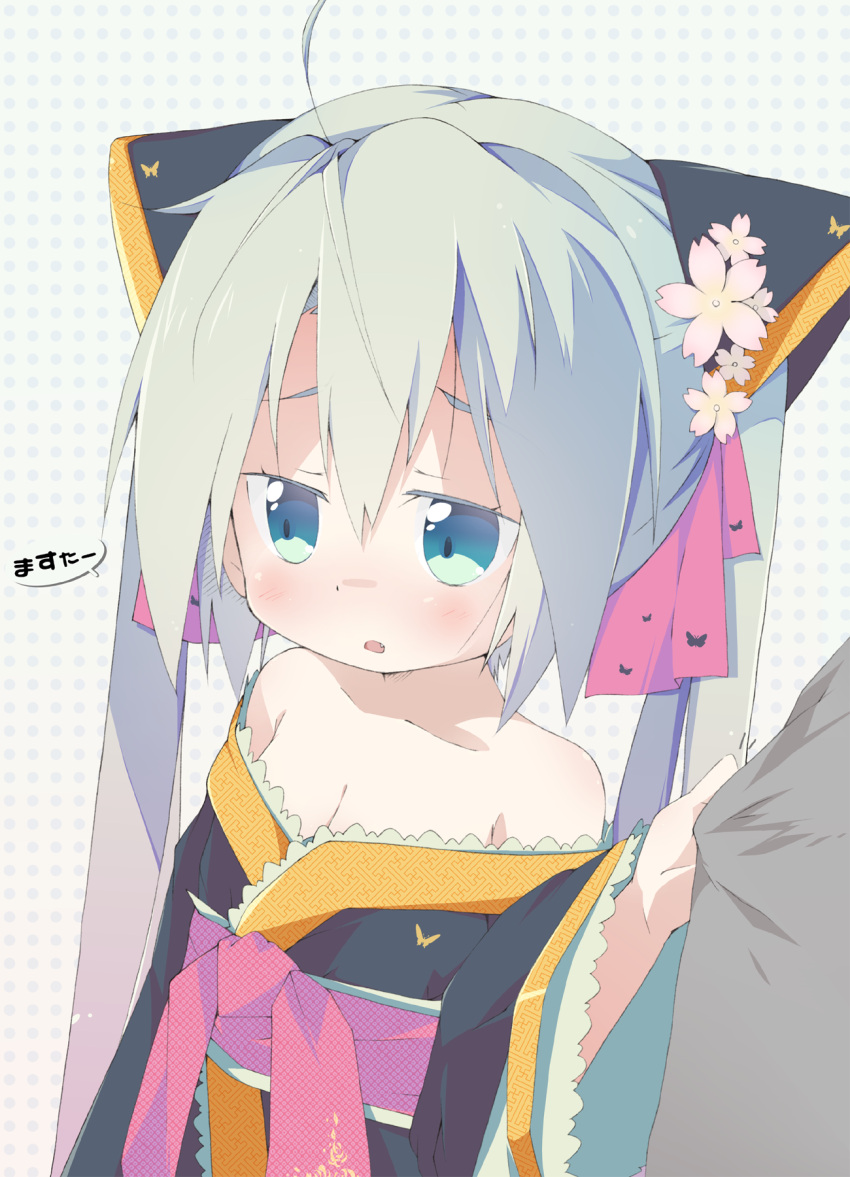 1girl, ahoge, blush, fang, hatsune_miku, highres, japanese_clothes, kimono