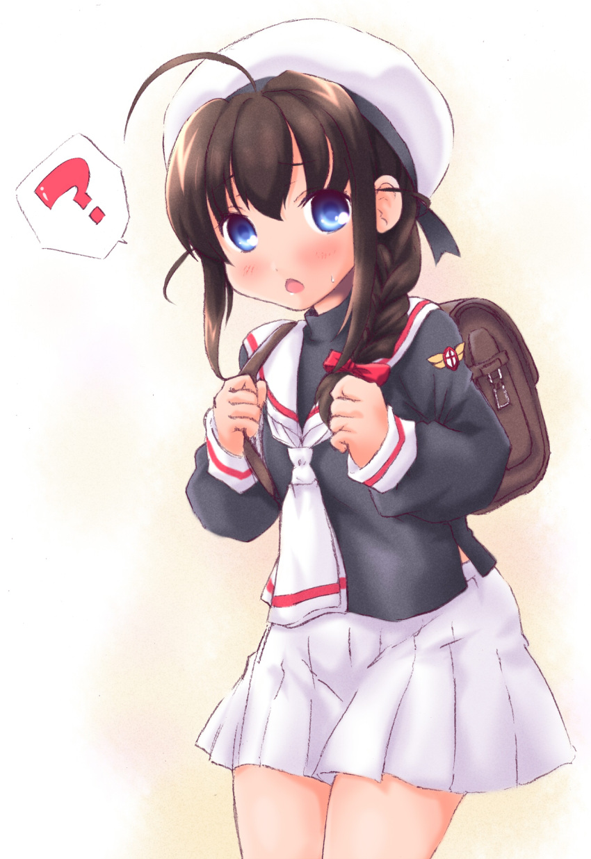1girl, :o, ?, ahoge, backpack, bag, beret, blue_eyes