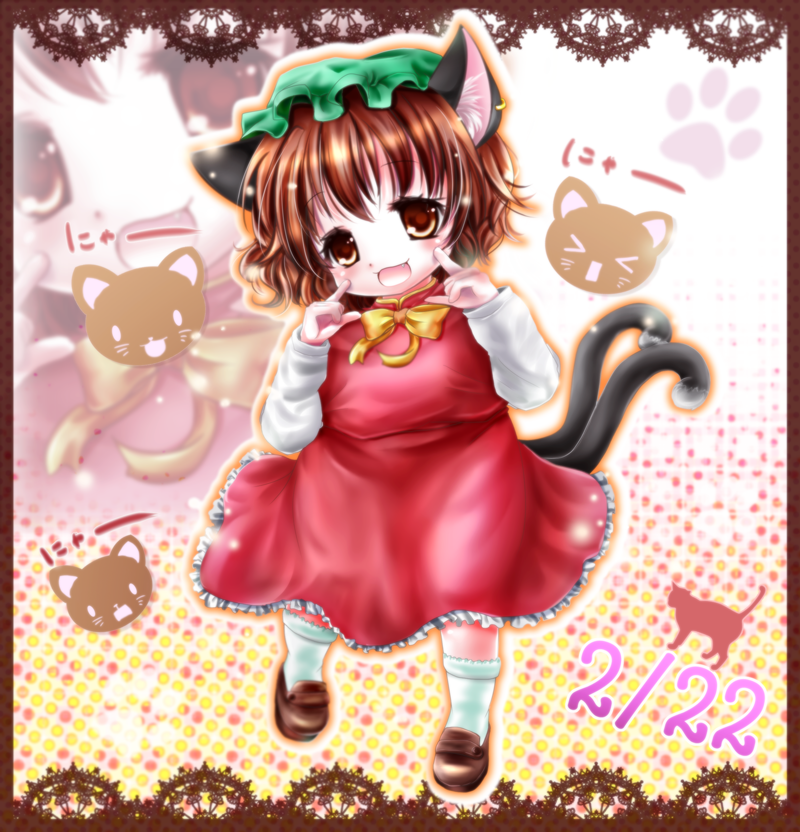 >_<, 1girl, animal_ears, border, bow, brown_hair, cat, cat_ears