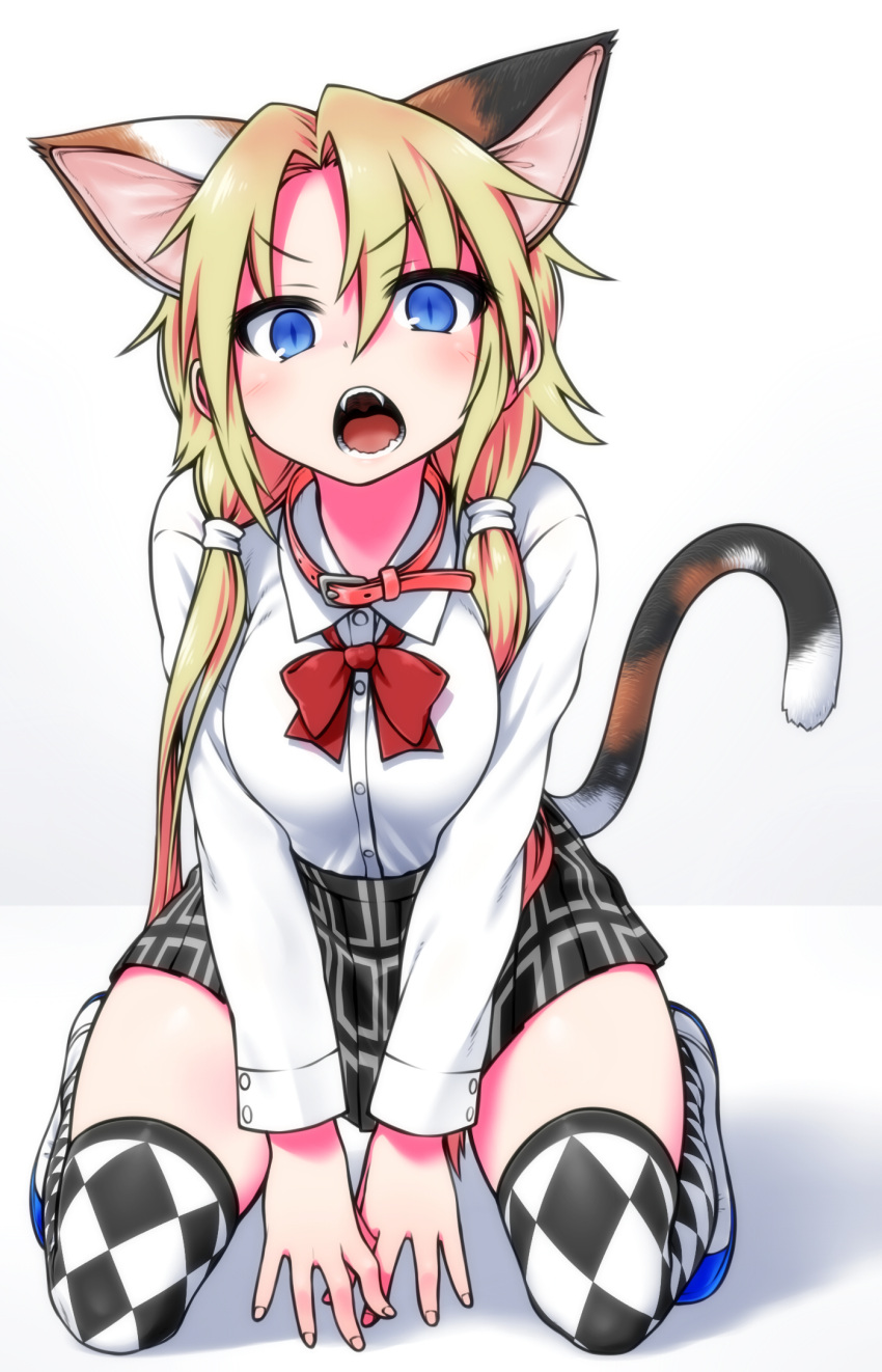 1girl, animal_ears, argyle, argyle_legwear, blonde_hair, blue_eyes, cat_ears, cat_tail