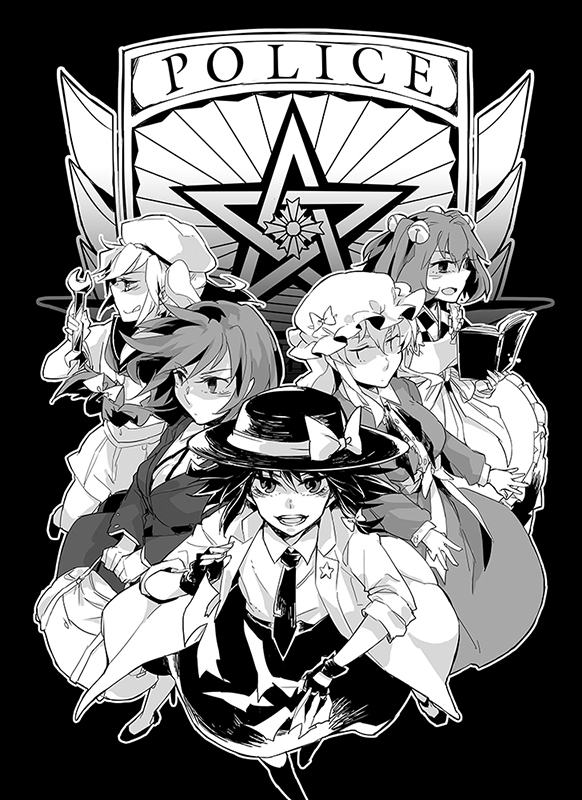 5girls, apron, bag, bell, book, bow, braid, checkered, coat, dress, flag, hair_bell, hair_bow, hair_ornament, hat, japanese_clothes, kikuichi_monji, kitashirakawa_chiyuri, long_hair, maribel_hearn, monochrome, motoori_kosuzu, multiple_girls, necktie, okazaki_yumemi, open_mouth, police_badge, ribbon, sailor, sailor_hat, short_hair, skirt, smile, star, tongue, tongue_out, touhou, touhou_(pc-98), twintails, usami_renko, wrench