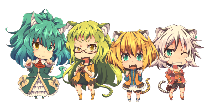 animal_ears, aqua_eyes, aqua_hair, blonde_hair, cat_ears, chibi, green_hair, heterochromia, kuromiya, long_hair, madaramiya_yuuki, one_eye_closed, original, short_hair, silver_hair, tail, tamamiya_tami, torafuji_konoka, torafuji_nagi, yellow_eyes