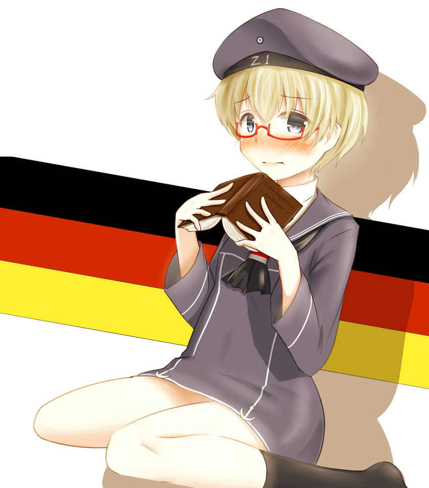 1girl, absurdres, bespectacled, blonde_hair, blue_eyes, blush, book, clothes_writing