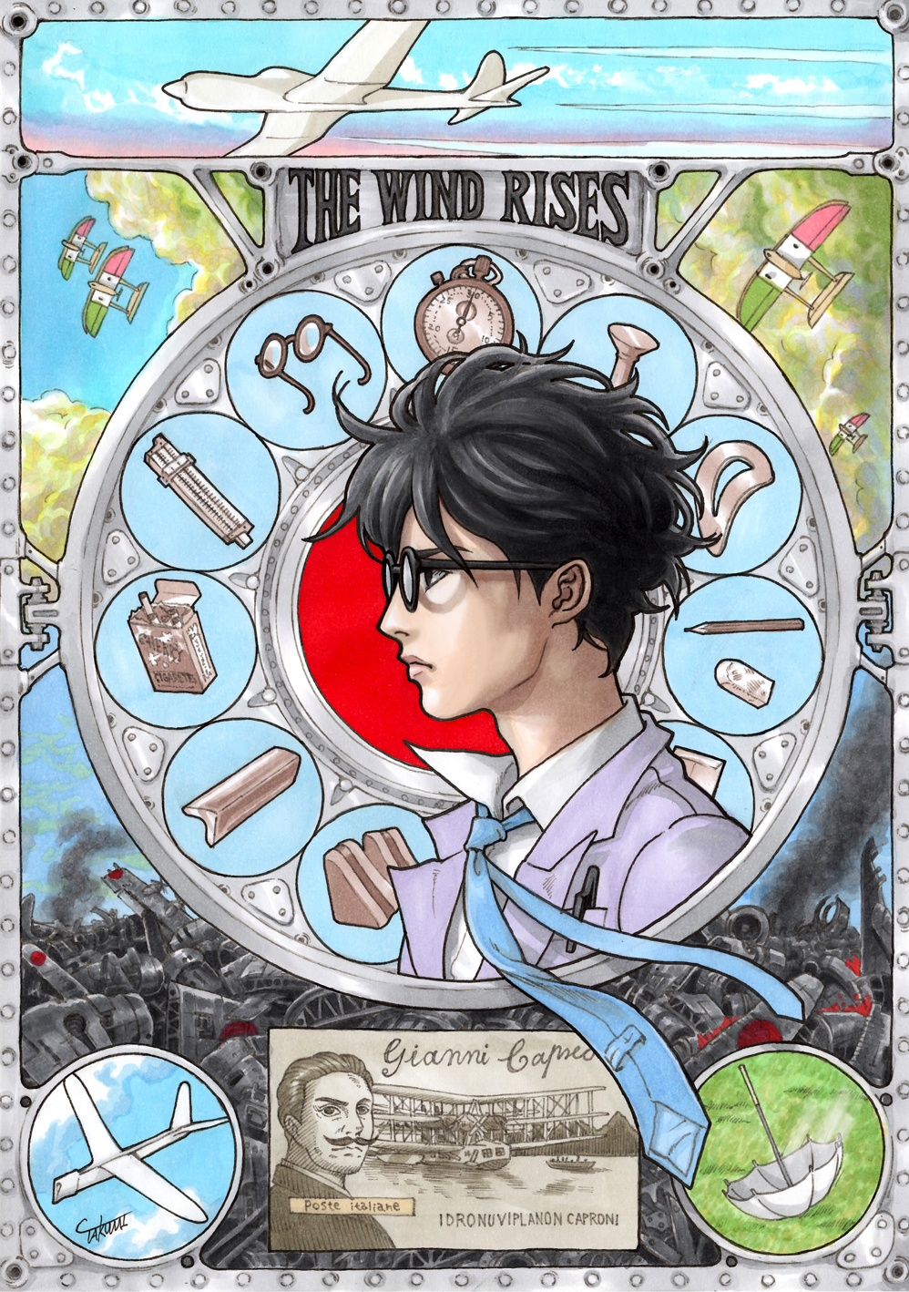 2boys, airplane, black_hair, cigarette_box, copyright_name, facial_hair, giovanni_battista_caproni, glasses, highres, horikoshi_jirou, kaze_tachinu, male_focus, multiple_boys, mustache, necktie, short_hair, signature, solo_focus, studio_ghibli, takumi_(marlboro), umbrella