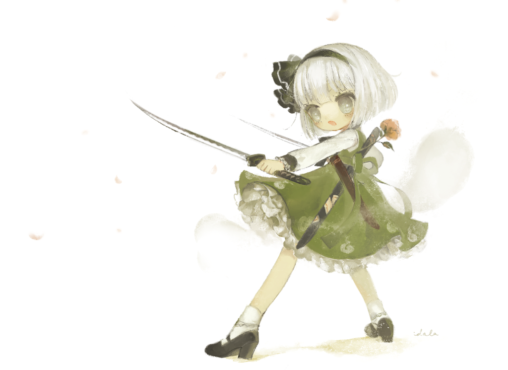 1girl, artist_name, bow, chibi, flower, frills, full_body, grey_eyes, hairband, high_heels, hitodama, idola, katana, konpaku_youmu, konpaku_youmu_(ghost), long_sleeves, mary_janes, open_mouth, petals, ribbon, sash, shirt, shoes, short_hair, silver_hair, simple_background, skirt, skirt_set, socks, solo, sword, touhou, vest, weapon, white_background, white_legwear