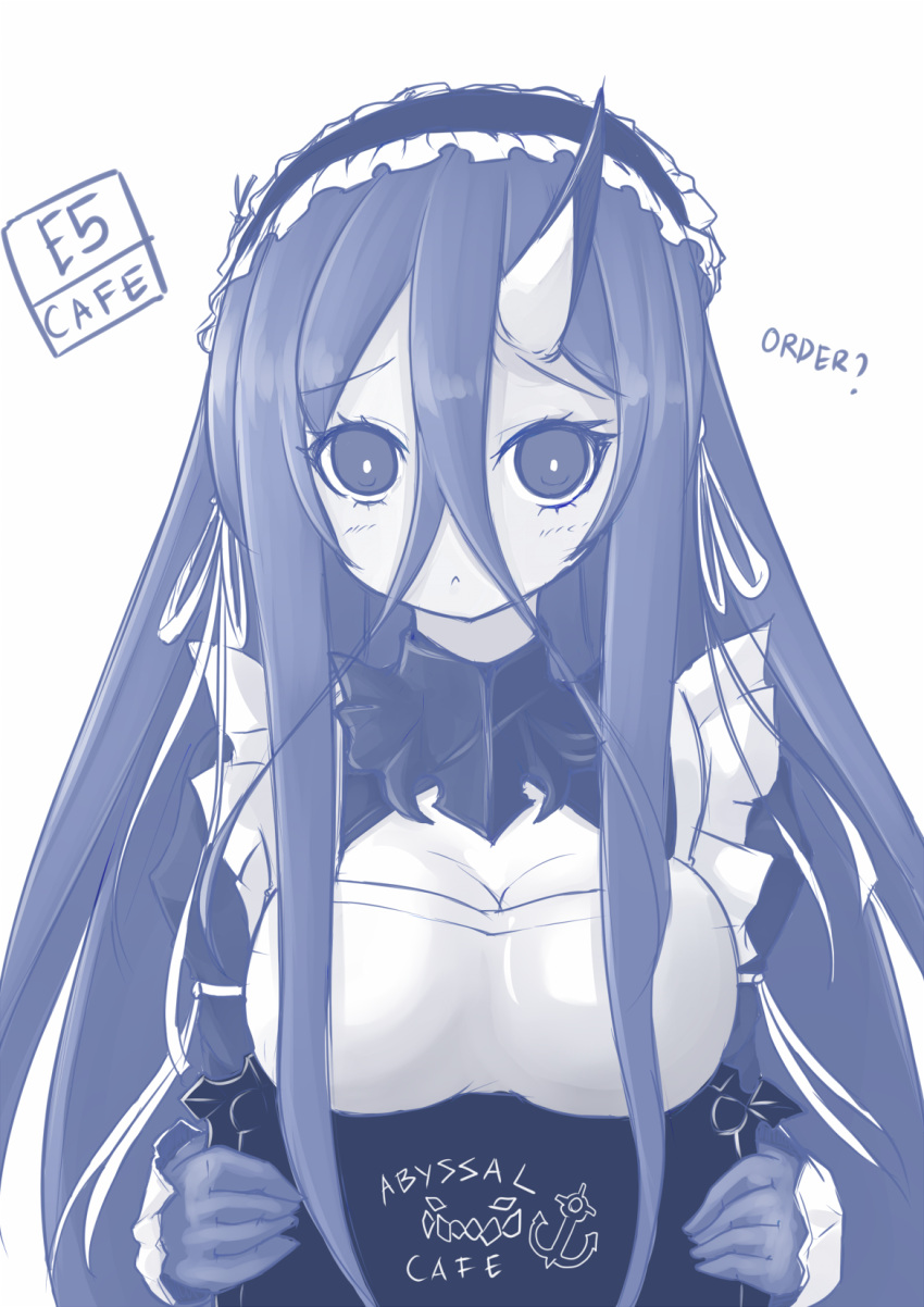 1girl, alternate_costume, anchor, apron, battleship_water_oni, black_hair, breast_rest, breasts