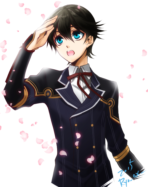 1boy, black_hair, blue_eyes, cherry_blossoms, double-breasted, honmuraryou, horikawa_kunihiro, notched_lapels, petals, solo, touken_ranbu