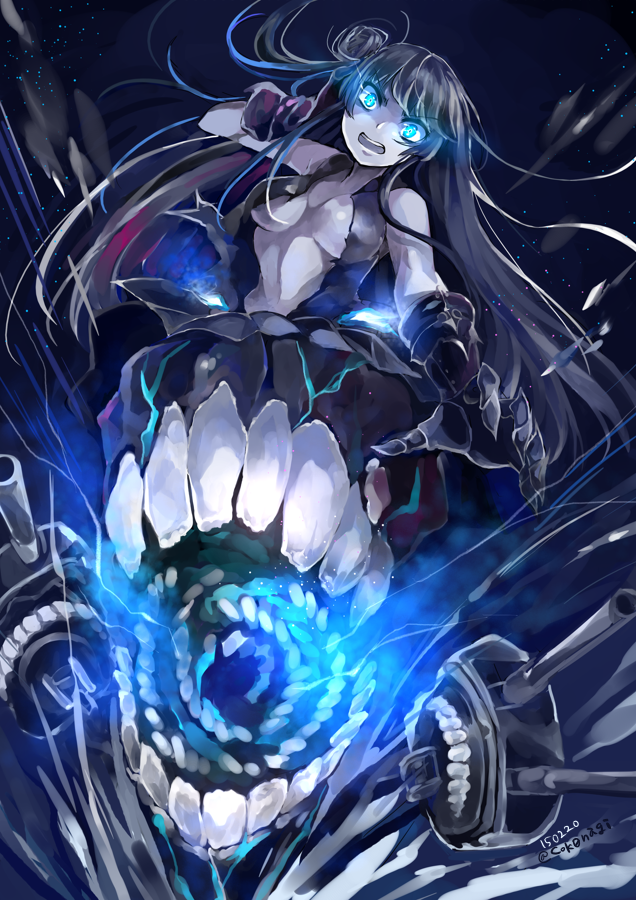 1girl, angry, bare_shoulders, black_gloves, black_hair, blue_eyes, blush, breasts