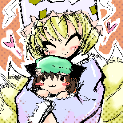 animal_ears, blonde_hair, blush, blush_stickers, brown_hair, cat_ears, catgirl, chen