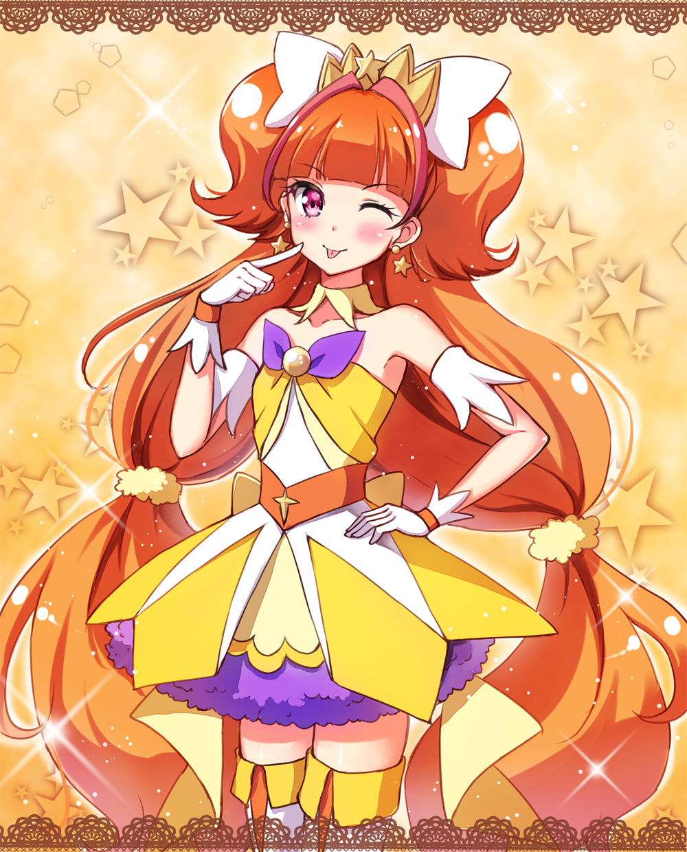 1girl, ;p, amanogawa_kirara, bare_shoulders, blush, choker, cure_twinkle, earrings