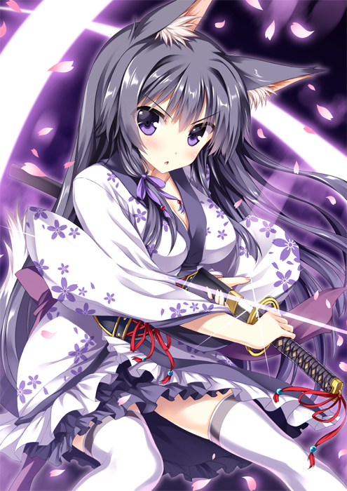 >:o, 1girl, :o, animal_ears, black_hair, blush, breasts, cherry_blossoms