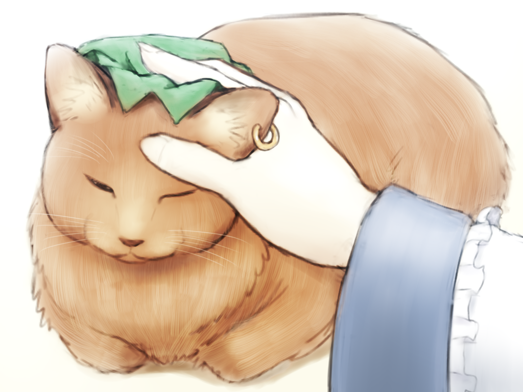 1girl, cat_day, chen, chen_(cat), ear_piercing, jewelry, long_sleeves, mob_cap, petting, piercing, shirosato, single_earring, touhou, wide_sleeves, yakumo_ran