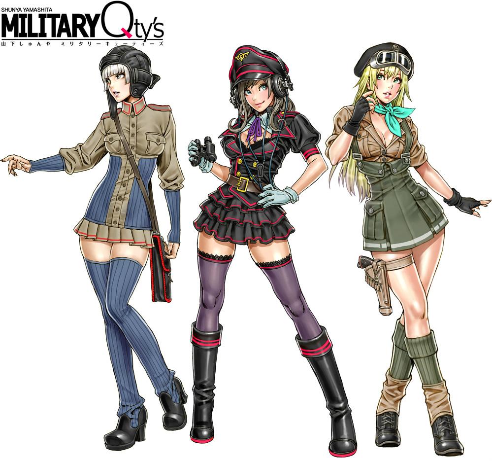 3girls, aqua_eyes, aqua_neckerchief, aqua_neckwear, bag, bangs, belt, binoculars