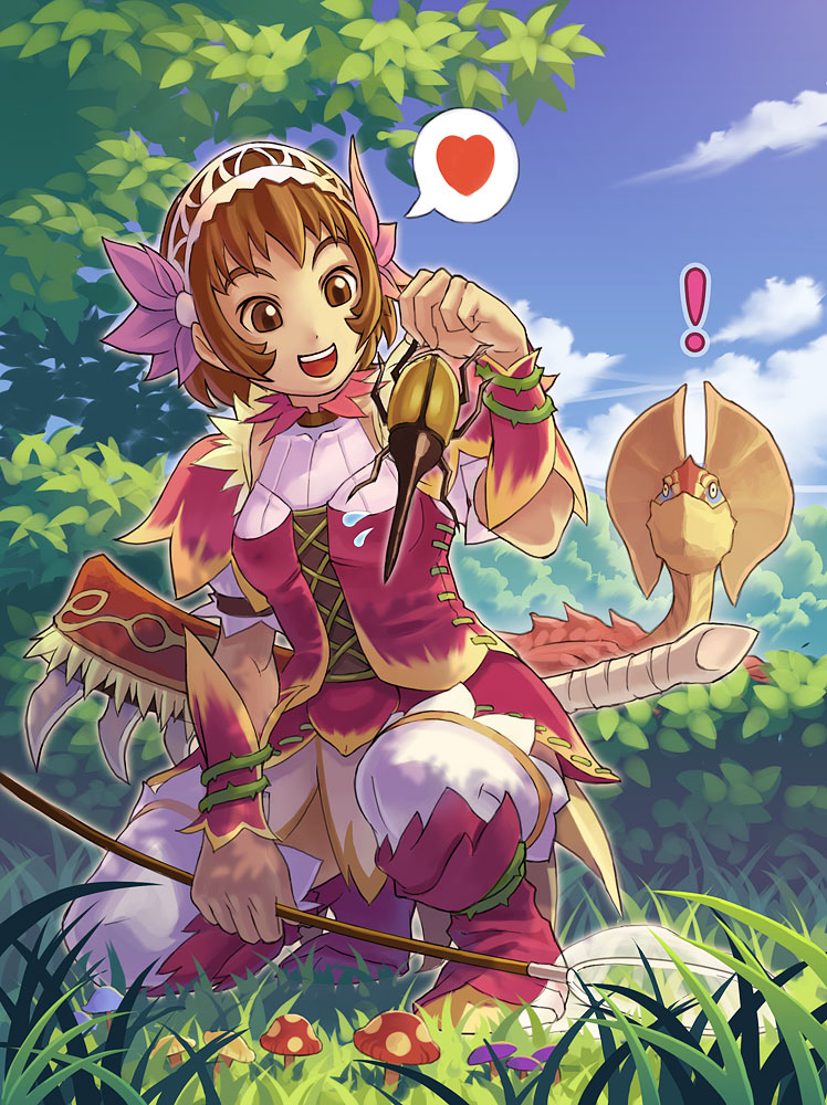 beetle, brown_hair, heart, michairo, michairu., monster, monster_hunter, short_hair, squat, squatting, thigh-highs, thighhighs, yian_kut-ku
