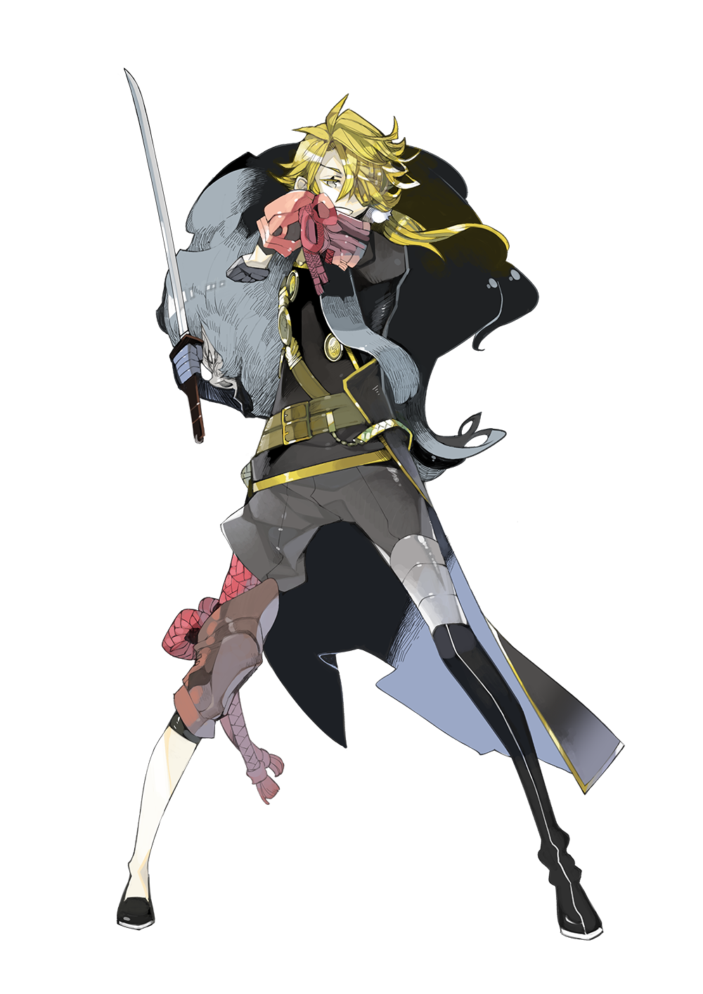 1boy, asymmetrical_gloves, asymmetrical_legwear, blonde_hair, full_body, gloves, hair_over_one_eye, highres