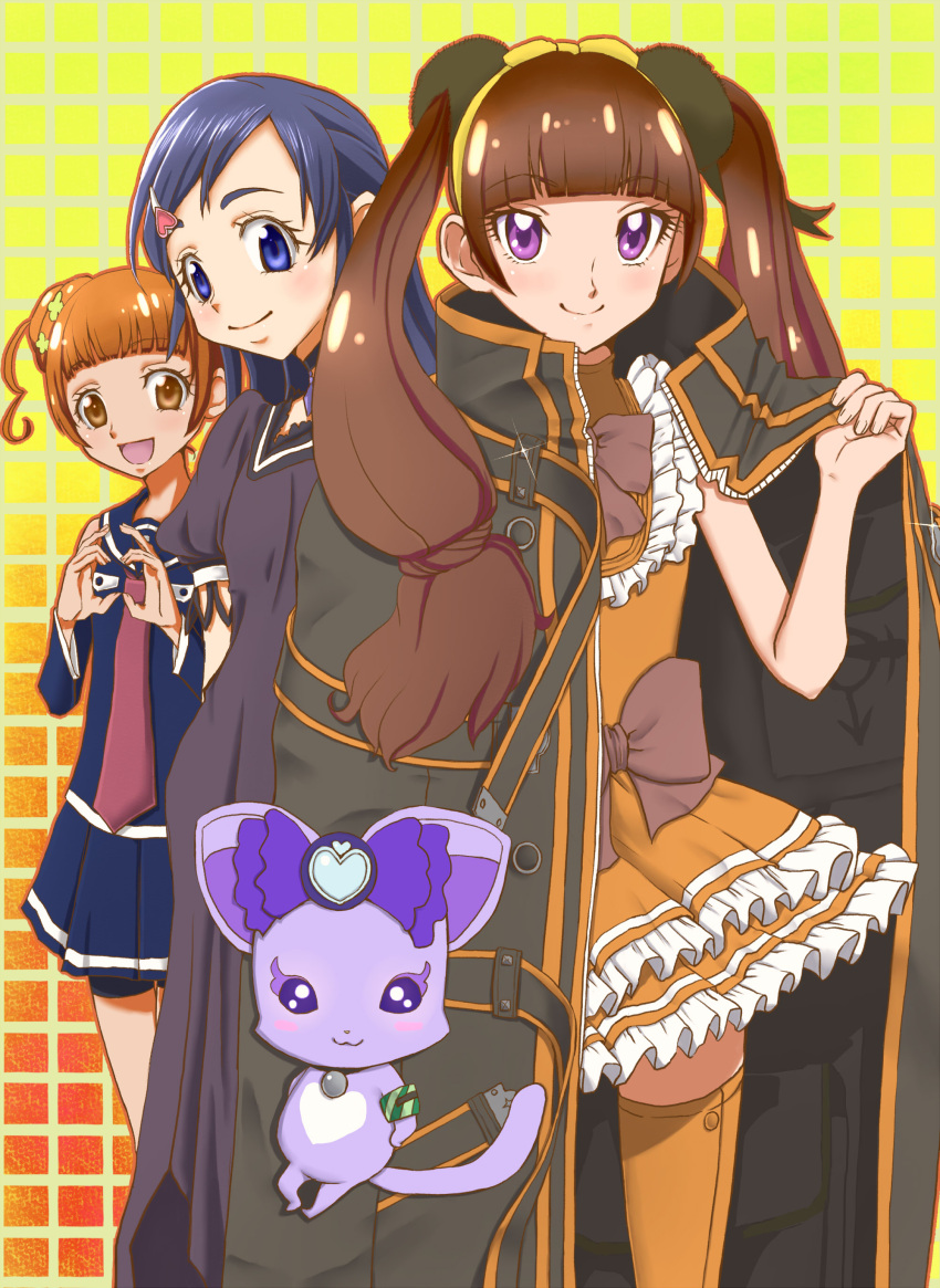 3girls, absurdres, amanogawa_kirara, amawa_kazuhiro, aoki_hagane_no_arpeggio, coat, cosplay, davi_(dokidoki!_precure)
