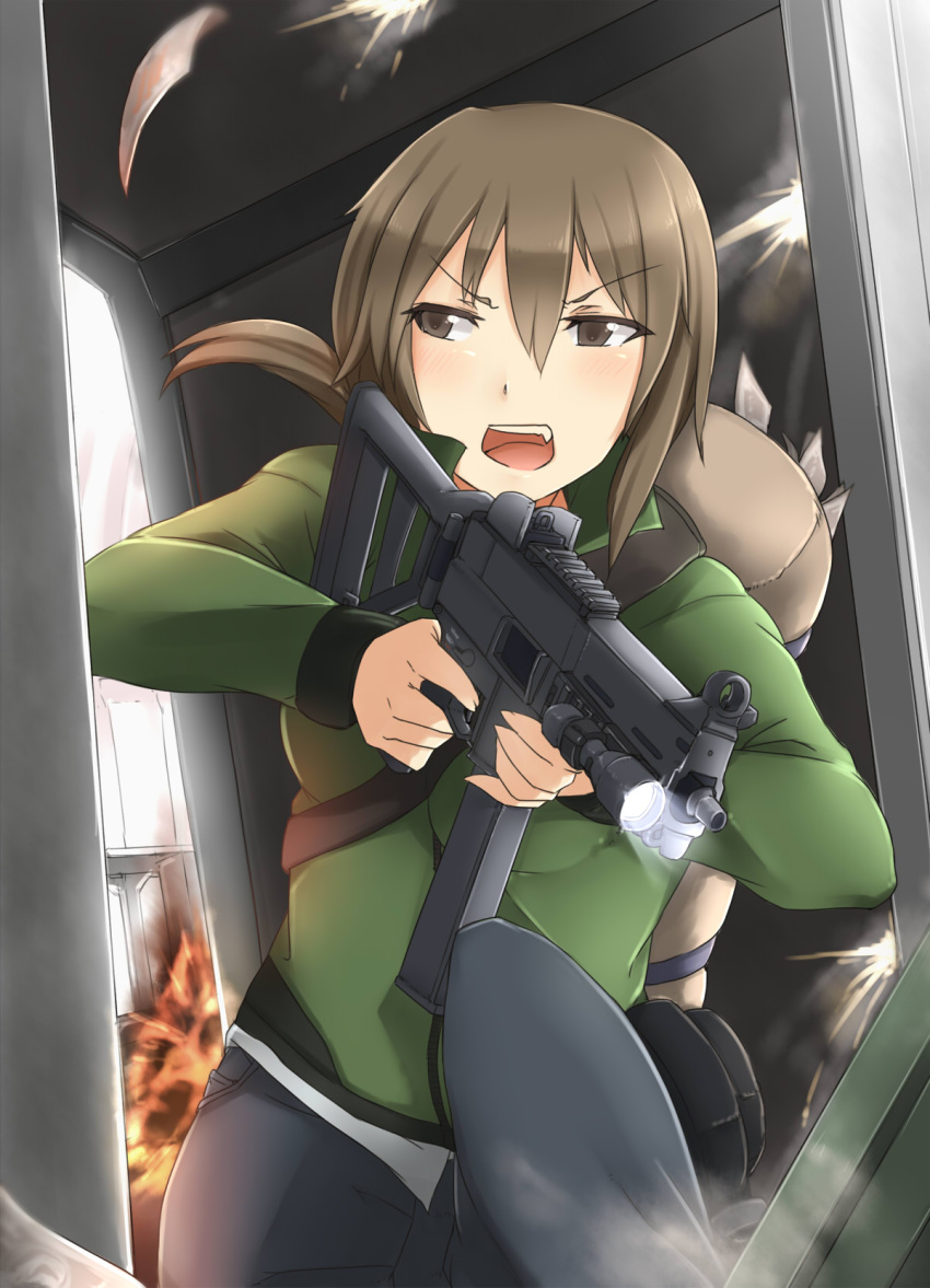 1girl, ayyh, battlefield_(series), battlefield_hardline, brown_eyes, brown_hair, denim, explosion