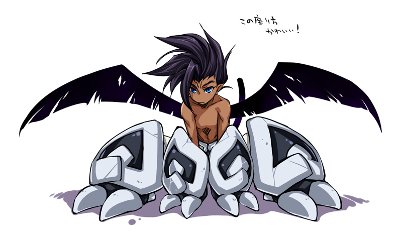 1boy, bare_chest, black_hair, dark_skin, fangs, houshin_engi, male_focus, pointy_ears, raishinshi, shirtless, solo, tail, teeth, utsugi_(skydream), wings