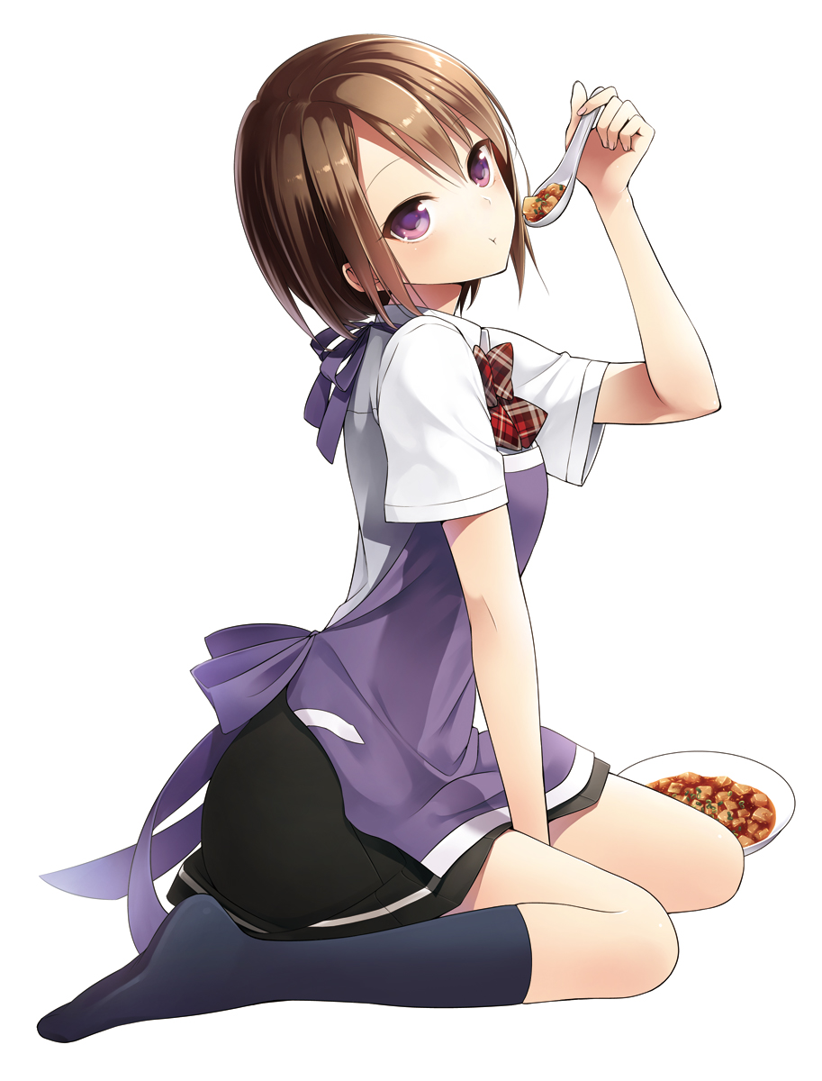 1girl, apron, bangs, brown_hair, eating, expressionless, food, from_side