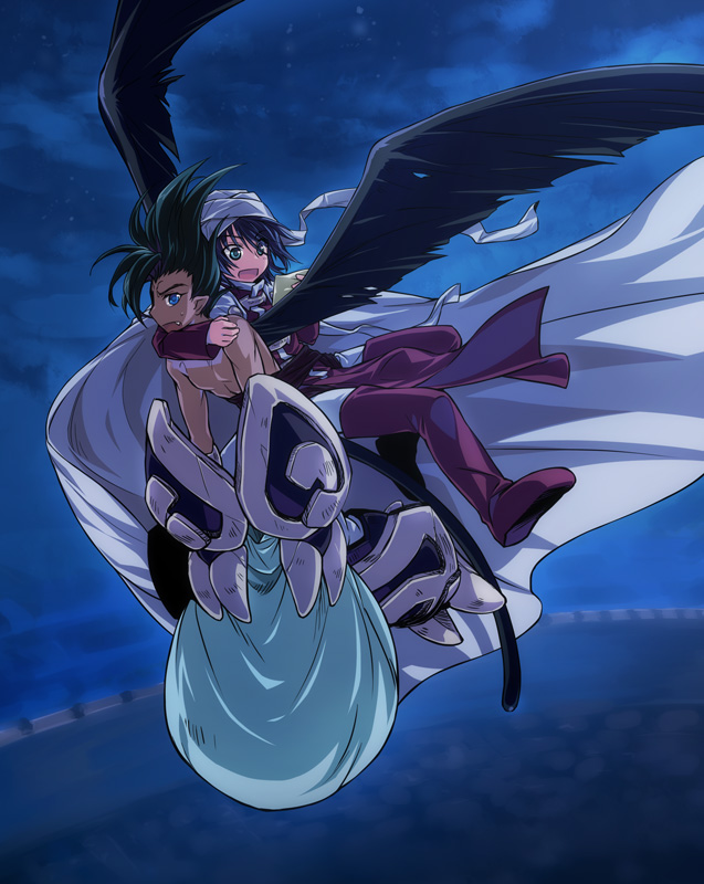 2boys, bare_chest, black_hair, blue_eyes, cape, dark_skin, fang, green_eyes