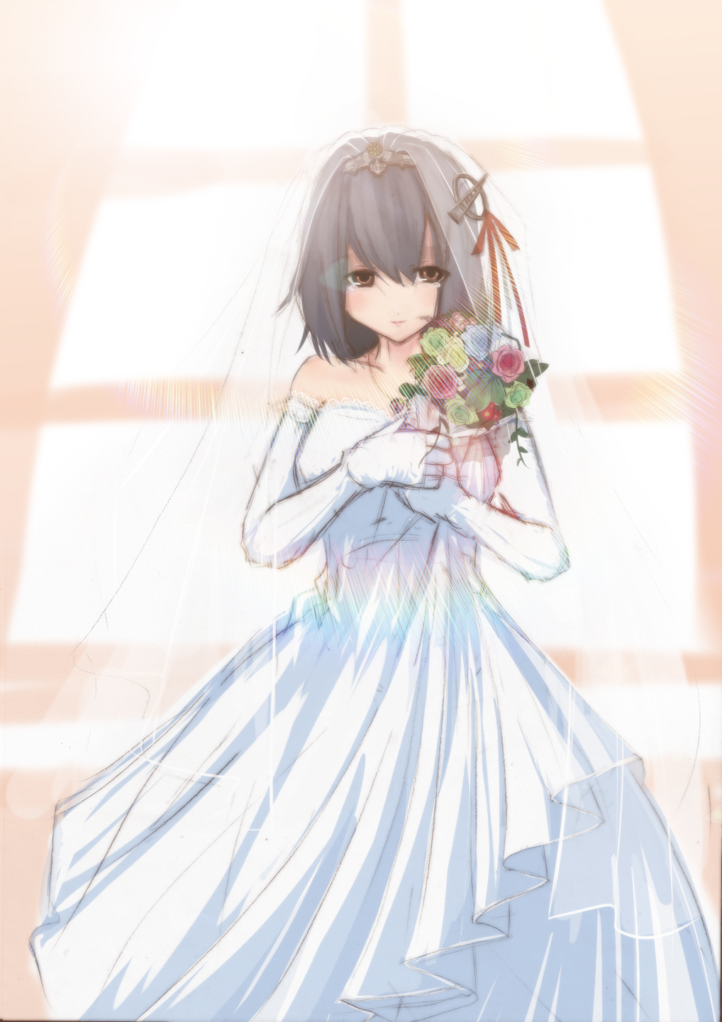 1girl, black_hair, bridal_veil, brown_eyes, collarbone, dress, elbow_gloves, gloves, haguro_(kantai_collection), hair_ornament, highres, holding, jugem-t, kantai_collection, short_hair, solo, tears, veil, wedding_dress, white_dress, white_gloves