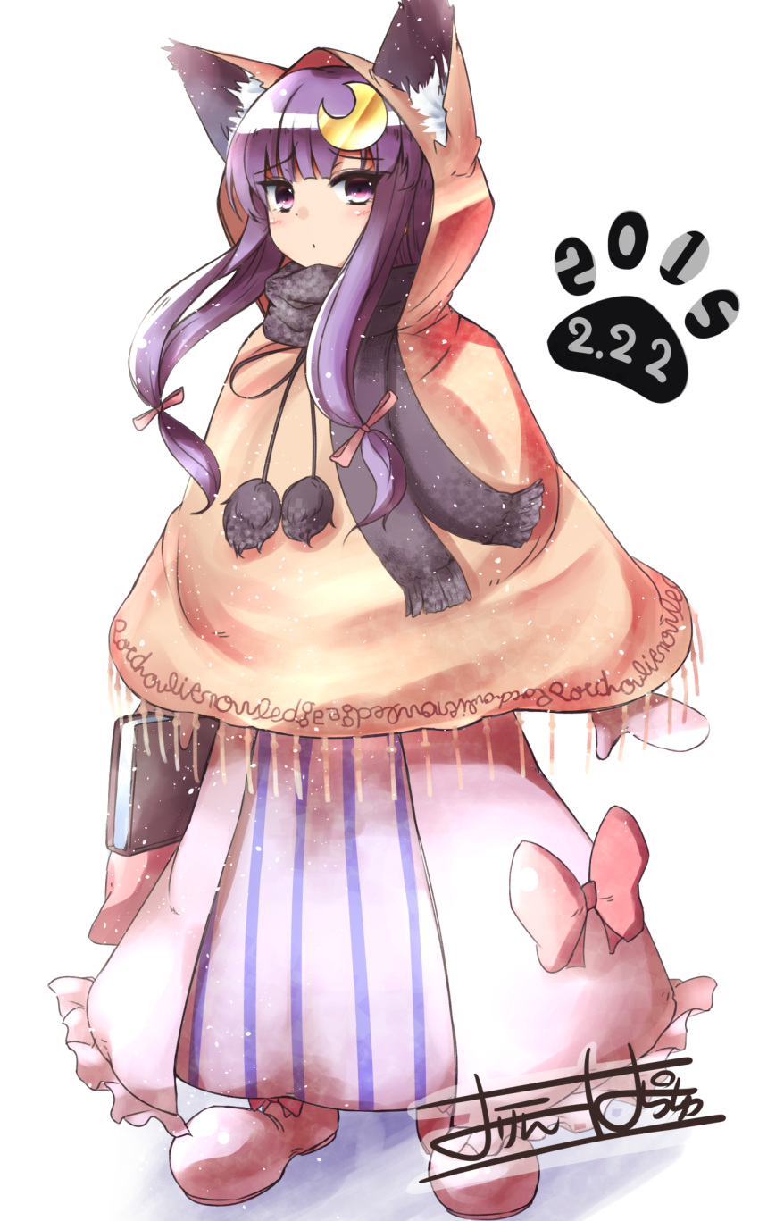 1girl, 2015, animal_ears, animal_hood, blush, book, cat_ears, cat_hood, crescent_hair_ornament, dated, dress, hair_ornament, highres, hood, long_hair, looking_at_viewer, orinpachu, patchouli_knowledge, paw_print, poncho, purple_hair, shoes, solo, touhou, tsurime, violet_eyes