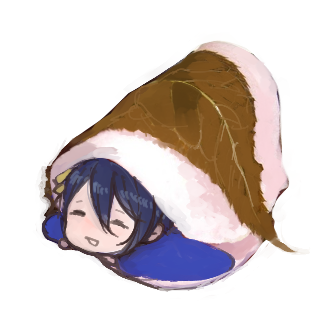 1boy, blue_hair, chibi, closed_eyes, food, ichiko_(dragn), leaf, lowres