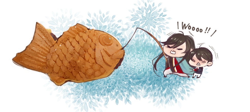2boys, black_hair, chibi, clenched_teeth, closed_eyes, fishing, fishing_rod, food