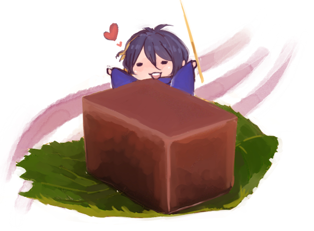 1boy, arms_up, black_eyes, blue_hair, chibi, food, heart, ichiko_(dragn)