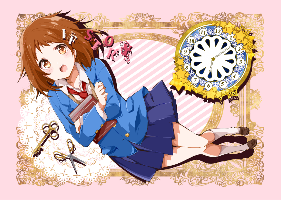 1girl, aida_miou, book, brown_hair, clock, juutora, key, kokuhaku_jikkou_iinkai
