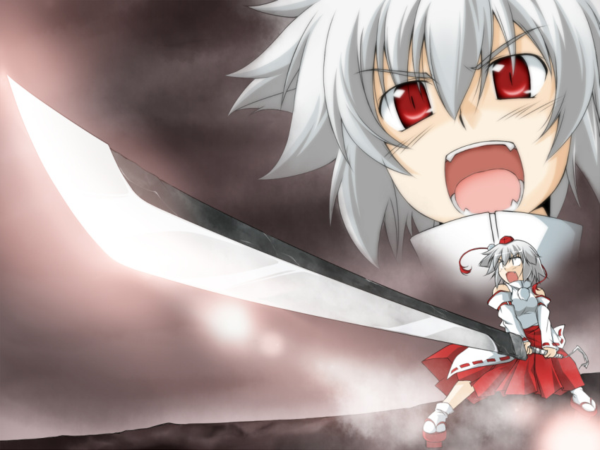 1girl, detached_sleeves, hat, huge_weapon, inu_mamoru_mizuki, inubashiri_momiji, open_mouth, parody