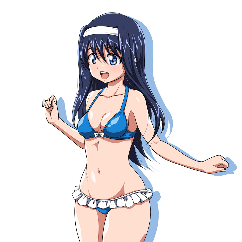 1girl, bikini, bikini_skirt, blue_eyes, blue_hair, futaba_aoi_(vividred_operation), hairband, inferno_(nanbu14), long_hair, swimsuit, vividred_operation