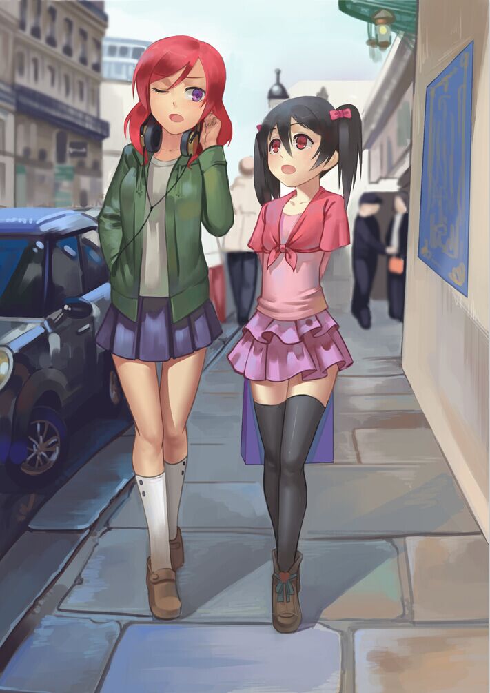 2girls, black_hair, black_legwear, blurry, car, crop_top, depth_of_field, headphones
