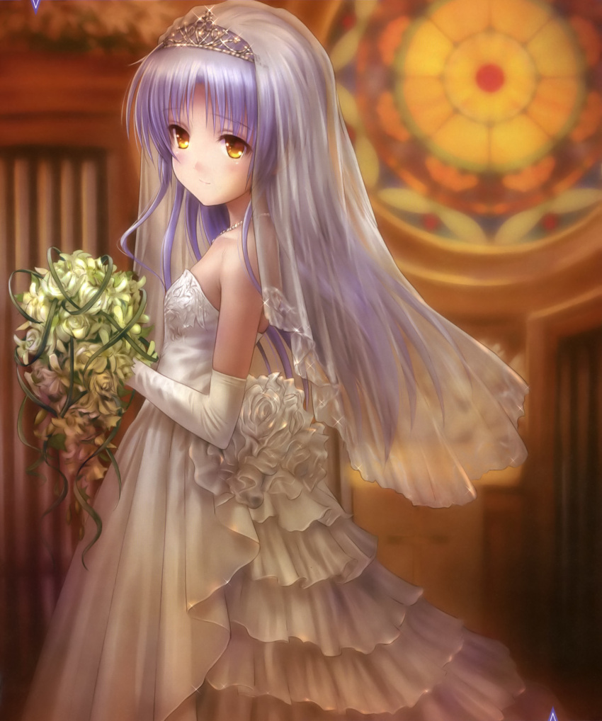 1girl, absurdres, angel_beats!, bouquet, church, dress, elbow_gloves, flower