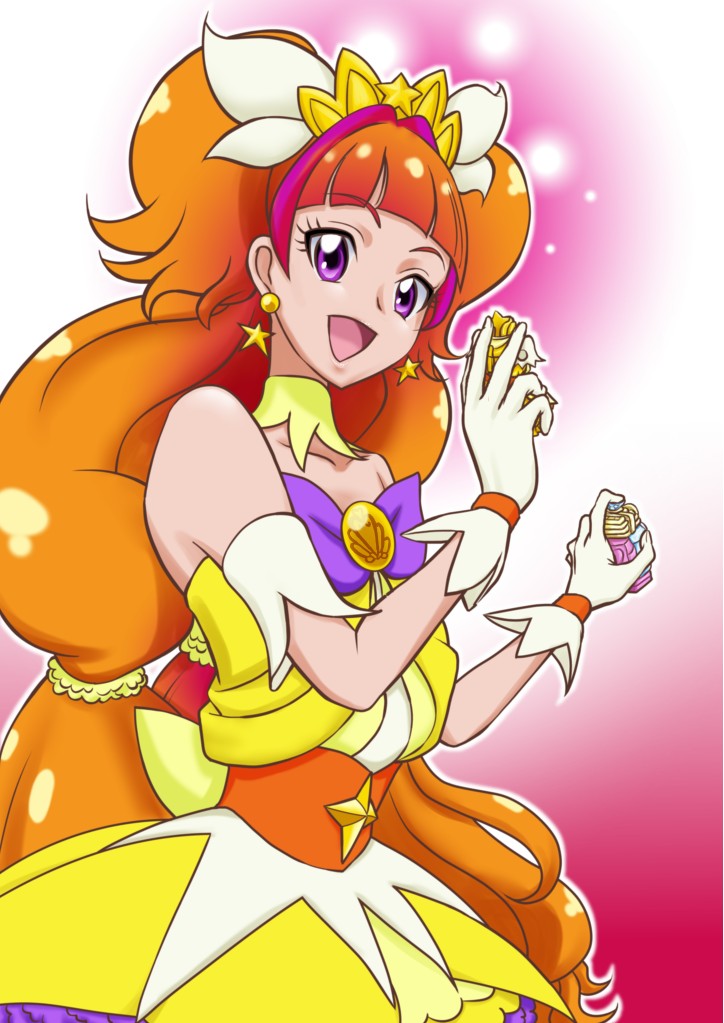 1girl, :d, amanogawa_kirara, bare_shoulders, brown_hair, choker, cure_twinkle, earrings, gloves, go!_princess_precure, jewelry, long_hair, looking_at_viewer, magical_girl, open_mouth, peke_(nariyuki_koubou), precure, smile, solo, star, star_earrings, twintails, violet_eyes, white_gloves