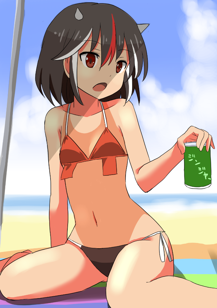 1girl, alternate_costume, beach, bikini, black_hair, can, directional_arrow, horns