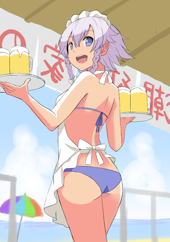 1girl, alcohol, alternate_costume, beach, beer, bikini, blue_eyes, bow