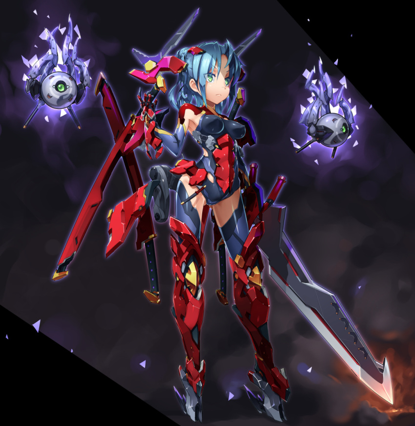 1girl, armpits, blue_hair, boots, elbow_gloves, full_body, gloves, green_eyes
