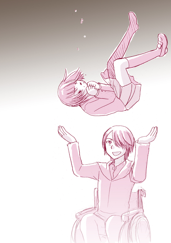 1boy, 1girl, falling, gakkou_no_kaidan_(dorama), hair_over_one_eye, haruna_tsubame, monochrome, school_uniform, shizukui_kei, short_hair, wheelchair