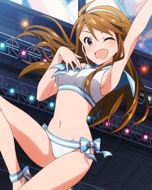 >;d, 1girl, ;d, ahoge, arm_up, armpits, blue_eyes, breasts