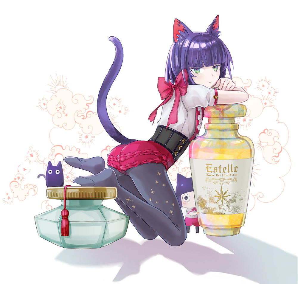 androgynous, animal_ears, ass, blue_eyes, bob_cut, bow, cat, cat_ears