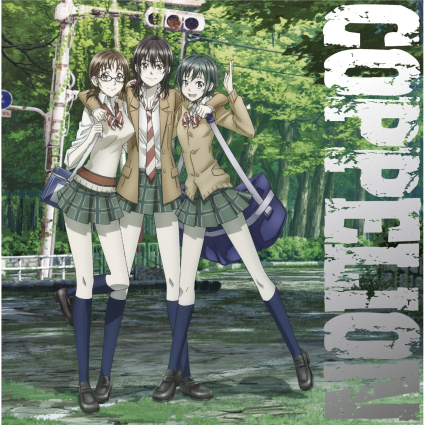 3girls, arm_around_back, arm_around_shoulder, bag, black_hair, blue_eyes, bowtie, brown_eyes