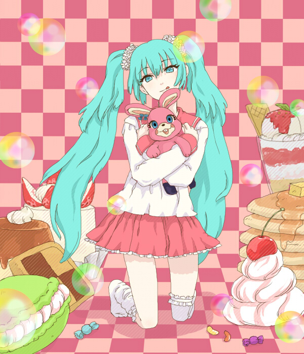 :d, aqua_eyes, aqua_hair, cake, candy, checkerboard_cookie, chocolate, cookie