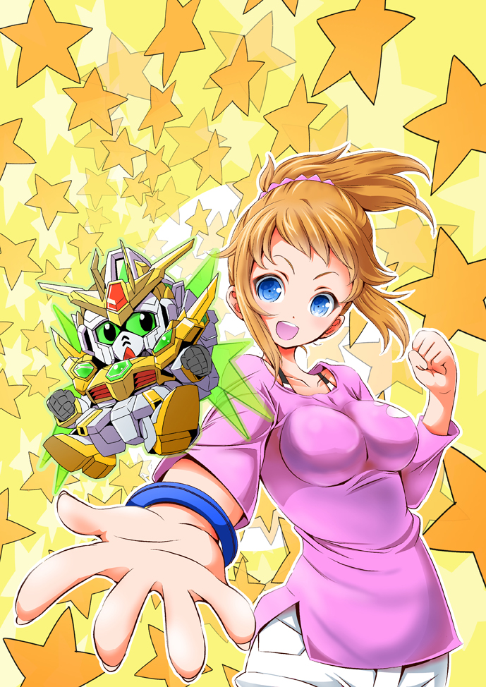 1girl, blonde_hair, blue_eyes, breasts, gundam, gundam_build_fighters, gundam_build_fighters_try, hoshino_fumina