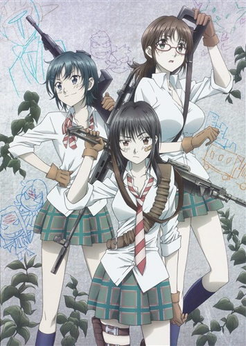 3girls, ammunition_belt, assault_rifle, bandaid_on_face, between_breasts, black_hair, blue_eyes, bowtie, brown_eyes, brown_hair, coppelion, fukasaku_aoi, glasses, gloves, green_eyes, green_hair, green_skirt, gun, hand_on_hip, holster, kneehighs, leaf, long_hair, looking_at_viewer, looking_away, loose_necktie, loose_shirt, lowres, miniskirt, multiple_girls, naruse_ibara, necktie, nomura_taeko, official_art, pale_skin, plaid, plaid_skirt, pleated_skirt, rifle, shirt, short_hair, short_ponytail, skirt, sleeves_rolled_up, sniper_rifle, striped, striped_bowtie, striped_necktie, thigh_holster, weapon, white_shirt